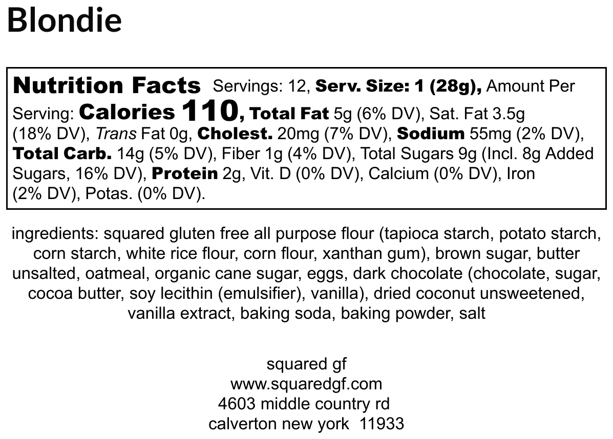 Oatmeal Coconut Chocolate Chip Blondie Squares (4 pack)